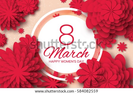 Red Paper Cut Flower. 8 March. Women's Day Greeting card. Origami Floral bouquet. Circle frame. Space for text on pink background. Happy Mother's Day. Vector Spring illustration Red Paper Cut Flower. 8 March. Women's Day Greeting card. Origami Floral bouquet. Circle frame. Space for text on pink background. Happy Mother's Day. Vector Spring illustration
