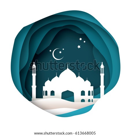 Ramadan Kareem Greeting card with arabic White Origami Mosque. Paper cut Desert Cave Landscape. Holy month of muslim. Symbol of Islam. Crescent Moon. Islamic festival celebration vector background. Ramadan Kareem Greeting card with arabic White Origami Mosque. Paper cut Desert Cave Landscape. Holy month of muslim. Symbol of Islam. Crescent Moon. Islamic festival celebration vector background.