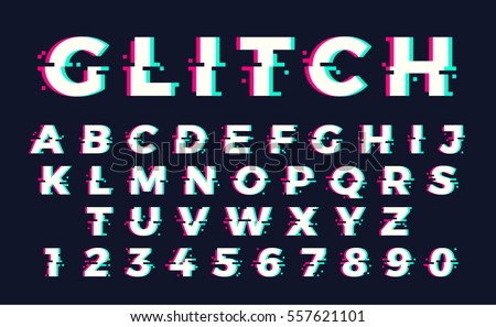 Vector distorted glitch font. Trendy style lettering typeface. Latin letters from A to Z and numbers from 0 to 9. Green and red channels. Vector distorted glitch font. Trendy style lettering typeface. Latin letters from A to Z and numbers from 0 to 9. Green and red channels.