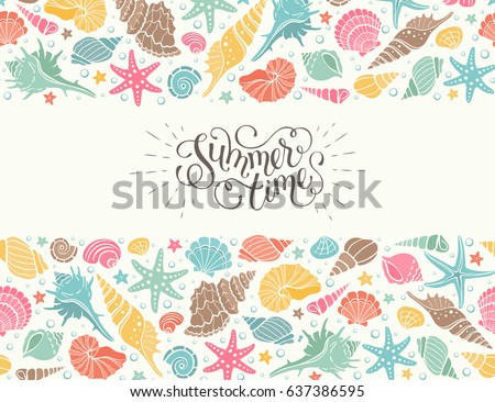 Summer time horizontal banner. Hand drawn sea shells and stars collection. Marine illustration of ocean shellfish. Colorful seashells arranged in stripe isolated on white background. Summer time horizontal banner. Hand drawn sea shells and stars collection. Marine illustration of ocean shellfish. Colorful seashells arranged in stripe isolated on white background.
