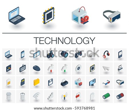 Isometric flat icon set. 3d vector colorful illustration with technology, digital symbols. Cloud computing, print, VR glasses, 4k resolution and wireless colorful pictogram Isolated on white Isometric flat icon set. 3d vector colorful illustration with technology, digital symbols. Cloud computing, print, VR glasses, 4k resolution and wireless colorful pictogram Isolated on white