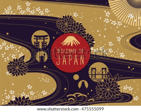 Elegant Japan travel poster, gorgeous floral background with welcome words Elegant Japan travel poster, gorgeous floral background with welcome words