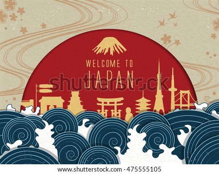 Elegant Japan travel poster with red sun and beautiful tides Elegant Japan travel poster with red sun and beautiful tides