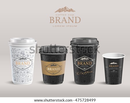 Elegant paper coffee cup design, takeaway cup packaging set with labels. 3D illustration. Elegant paper coffee cup design, takeaway cup packaging set with labels. 3D illustration.