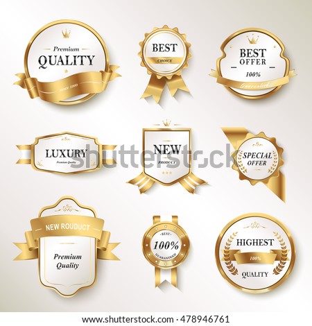 Elegant pearl white labels set, glossy labels with golden frame over beige background Elegant pearl white labels set, glossy labels with golden frame over beige background