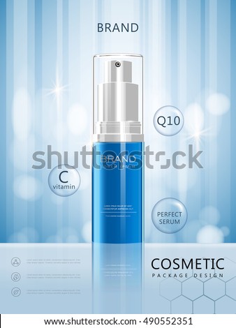 Spray bottle poster design, 3D illustration realistic cosmetic package design isolated on blue background Spray bottle poster design, 3D illustration realistic cosmetic package design isolated on blue background