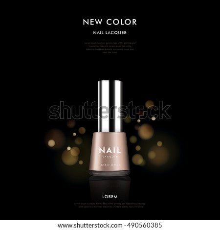 Elegant nail polish ad template, 3D illustration cosmetic package design isolated on black background with sparkling polka Elegant nail polish ad template, 3D illustration cosmetic package design isolated on black background with sparkling polka