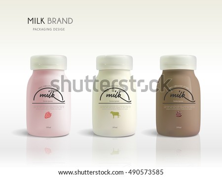 Milk bottle template design, dairy package design isolated on white background, three flavors for sale Milk bottle template design, dairy package design isolated on white background, three flavors for sale