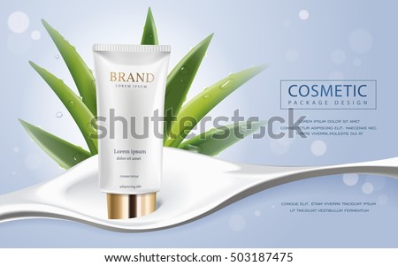 Cosmetic ads template, blank tube with aloe vera isolated on blue background. 3D illustration. Cosmetic ads template, blank tube with aloe vera isolated on blue background. 3D illustration.