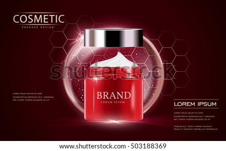 Cosmetic ads template, cream container mockup isolated on scarlet background. 3D illustration. bubble and hexagon elements. Cosmetic ads template, cream container mockup isolated on scarlet background. 3D illustration. bubble and hexagon elements.