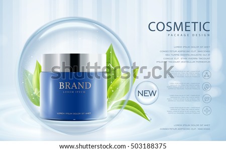 Cosmetic ads template, cream container mockup isolated on blue background. 3D illustration. Green leaves and translucent bubble elements. Cosmetic ads template, cream container mockup isolated on blue background. 3D illustration. Green leaves and translucent bubble elements.