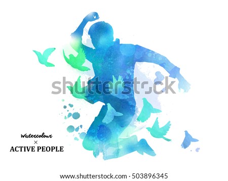 Watercolor jumping silhouette, young boy jumping with pigeons around him in watercolor style. Blue tone. Watercolor jumping silhouette, young boy jumping with pigeons around him in watercolor style. Blue tone.