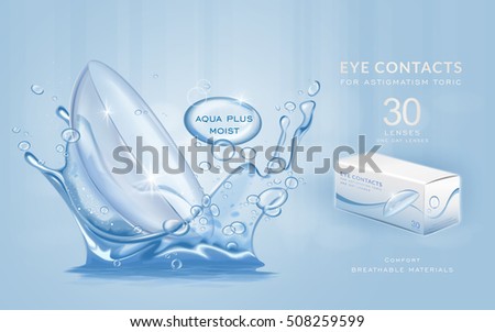Eye contacts ads template, aqua plus contact lenses with water splashes. Product ads and package design in 3d illustration. Eye contacts ads template, aqua plus contact lenses with water splashes. Product ads and package design in 3d illustration.