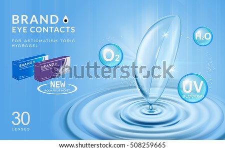 Eye contacts ads template, contact lenses with water ripples and effects on blue bubbles. Product ads and package design in 3d illustration. Eye contacts ads template, contact lenses with water ripples and effects on blue bubbles. Product ads and package design in 3d illustration.