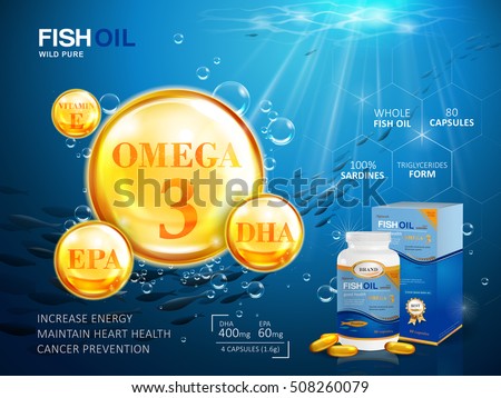 Fish oil ads template, omega-3 softgel with its package. Deep sea background. 3D illustration. Fish oil ads template, omega-3 softgel with its package. Deep sea background. 3D illustration.