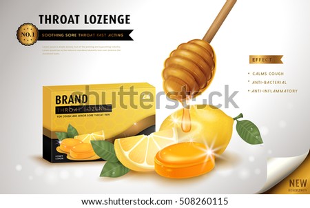 Honey lemon throat lozenge, ads template and package design for sore throat. 3D illustration. Honey lemon throat lozenge, ads template and package design for sore throat. 3D illustration.