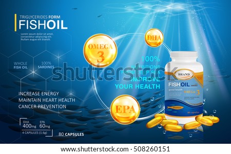 Fish oil ads template, omega-3 softgel with its package. Deep sea background. 3D illustration. Fish oil ads template, omega-3 softgel with its package. Deep sea background. 3D illustration.