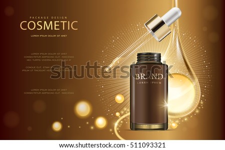 Essential oil poster design, 3D illustration realistic dropper bottle with sparkling oil drop over background Essential oil poster design, 3D illustration realistic dropper bottle with sparkling oil drop over background