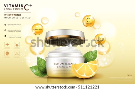 Lemon essence ads, cream mask bottle template with ingredients and sparkling elements around it, 3d illustration Lemon essence ads, cream mask bottle template with ingredients and sparkling elements around it, 3d illustration