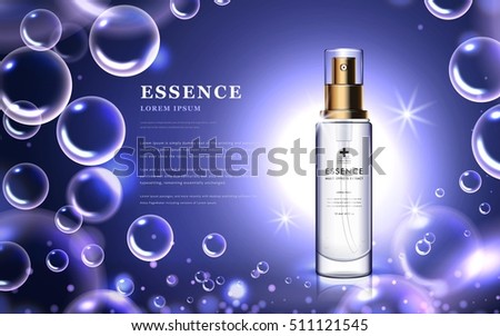 Cosmetic ads template, essence bottle with attractive bubbles and purple background, 3d illustration Cosmetic ads template, essence bottle with attractive bubbles and purple background, 3d illustration
