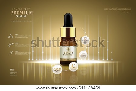 Premium serum ads, droplet bottle with ingredients on the pearl white ball. 3D illustration. Premium serum ads, droplet bottle with ingredients on the pearl white ball. 3D illustration.