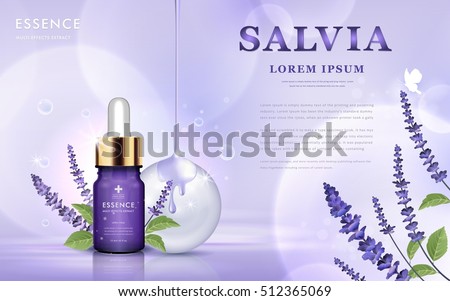 Salvia cosmetic ads, essence bottle with purple salvia and oil dripping from top, 3d illustration Salvia cosmetic ads, essence bottle with purple salvia and oil dripping from top, 3d illustration