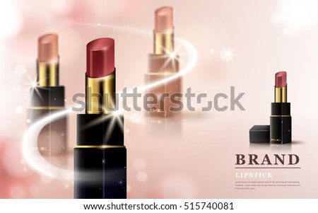 Glamour lipstick ads, 3d illustration lipstick in different color tones with sparkling effects, isolated on pink background Glamour lipstick ads, 3d illustration lipstick in different color tones with sparkling effects, isolated on pink background