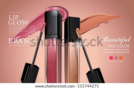 Attractive lip gloss ads, sticky and glossy liquid texture with transparent glass container in 3d illustration Attractive lip gloss ads, sticky and glossy liquid texture with transparent glass container in 3d illustration