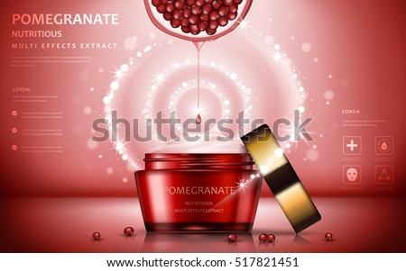 Pomegranate cream ads, attractive fruit ingredients with cosmetic package and sparkling effects, 3d illustration Pomegranate cream ads, attractive fruit ingredients with cosmetic package and sparkling effects, 3d illustration