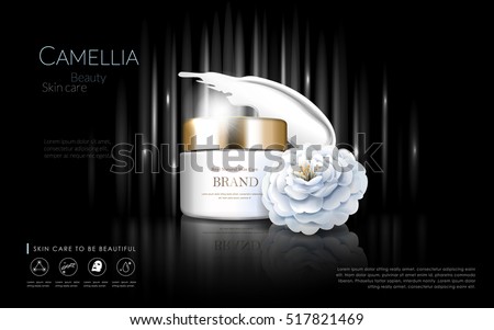 Camellia cosmetic ads, elegant white camellia isolated on black background, 3d illustration Camellia cosmetic ads, elegant white camellia isolated on black background, 3d illustration