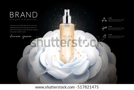 Camellia skin toner ads, elegant white camellia isolated on black background, 3d illustration Camellia skin toner ads, elegant white camellia isolated on black background, 3d illustration