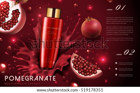 Pomegranate cream ads, attractive fruit ingredients with cosmetic package and splash effects, 3d illustration Pomegranate cream ads, attractive fruit ingredients with cosmetic package and splash effects, 3d illustration