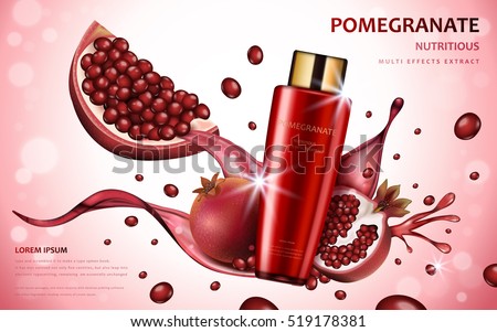 Pomegranate cream ads, attractive fruit ingredients with cosmetic package and splash effects, 3d illustration Pomegranate cream ads, attractive fruit ingredients with cosmetic package and splash effects, 3d illustration