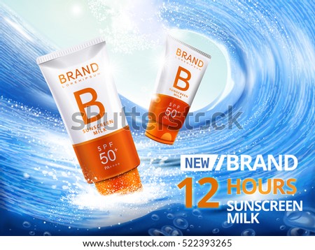Lovely Sunscreen ads template, sunblock tube riding the wave, big wave surfing, 3d illustration for ads or magazine Lovely Sunscreen ads template, sunblock tube riding the wave, big wave surfing, 3d illustration for ads or magazine