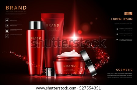 Attractive cosmetic set ads, red packaging skincare sets in 3D illustration, glitter particles elements Attractive cosmetic set ads, red packaging skincare sets in 3D illustration, glitter particles elements