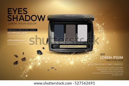 Eye shadow ads, elegant black eye shadow packaging with golden glitter elements, 3D illustration Eye shadow ads, elegant black eye shadow packaging with golden glitter elements, 3D illustration