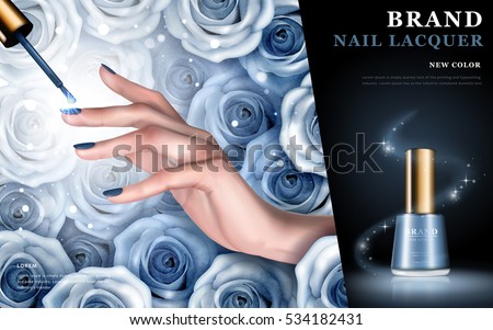 delicate hand, blue rose elements and nail lacquer bottles on rosy background, 3d illustration delicate hand, blue rose elements and nail lacquer bottles on rosy background, 3d illustration