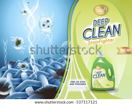 Laundry detergent ads, dirts floating from fibers with green plastic bottle Laundry detergent ads, dirts floating from fibers with green plastic bottle