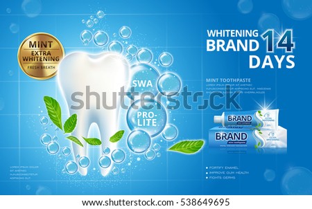 Whitening toothpaste ads, sparkling white tooth with mint leaves and bubbles isolated on blue background in 3d illustration Whitening toothpaste ads, sparkling white tooth with mint leaves and bubbles isolated on blue background in 3d illustration