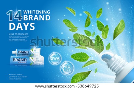 Whitening toothpaste ads, mint leaves flying out from a toothpaste package with sparkling effect on the background in 3d illustration Whitening toothpaste ads, mint leaves flying out from a toothpaste package with sparkling effect on the background in 3d illustration