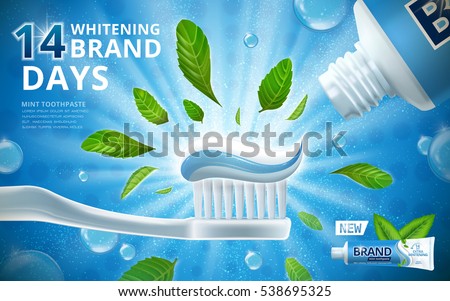 Whitening toothpaste ads, mint leaves flavour toothpaste on toothbrush with sparkling effect on the background in 3d illustration Whitening toothpaste ads, mint leaves flavour toothpaste on toothbrush with sparkling effect on the background in 3d illustration