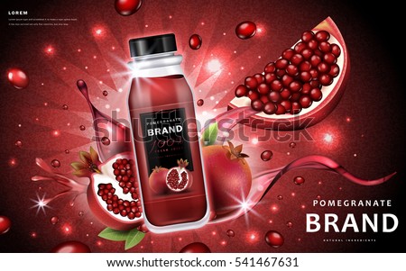 Pomegranate juice ads, delicious bottle juice and fruit with splashing liquid, 3d illustration Pomegranate juice ads, delicious bottle juice and fruit with splashing liquid, 3d illustration