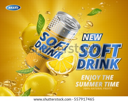 soft drink lemon flavor contained in yellow metal can, orange background soft drink lemon flavor contained in yellow metal can, orange background