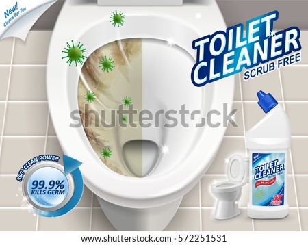 Toilet cleaner ads, before and after effect of cleaner, top view of toilet in 3d illustration Toilet cleaner ads, before and after effect of cleaner, top view of toilet in 3d illustration