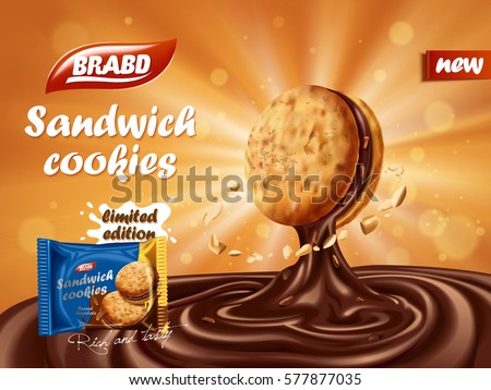 Sandwich chocolate cookies ad, yummy chocolate dripped from cookie with nut element, biscuit package design on orange background with glowing effect, 3d illustration Sandwich chocolate cookies ad, yummy chocolate dripped from cookie with nut element, biscuit package design on orange background with glowing effect, 3d illustration