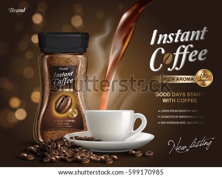 instant coffee ad, with coffee flow elements, bokeh background, 3d illustration instant coffee ad, with coffee flow elements, bokeh background, 3d illustration