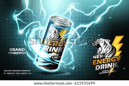 energy drink contained in metal can with electricity current element, teal background 3d illustration energy drink contained in metal can with electricity current element, teal background 3d illustration