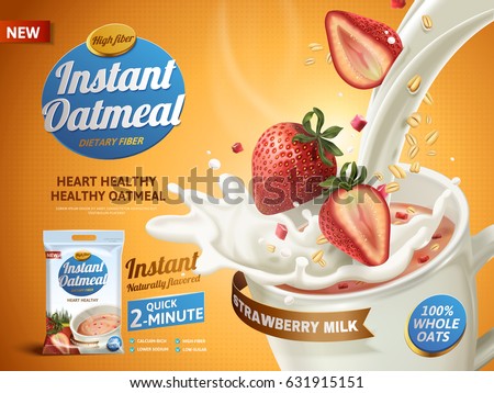 strawberry oatmeal ad, with milk pouring into a cup and strawberry elements, 3d illustration strawberry oatmeal ad, with milk pouring into a cup and strawberry elements, 3d illustration
