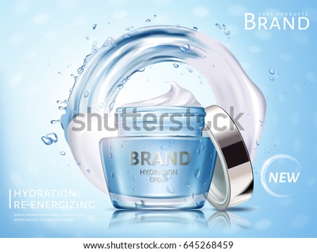hydration cosmetic cream ad, with water flow and white cream elements, 3d illustration hydration cosmetic cream ad, with water flow and white cream elements, 3d illustration