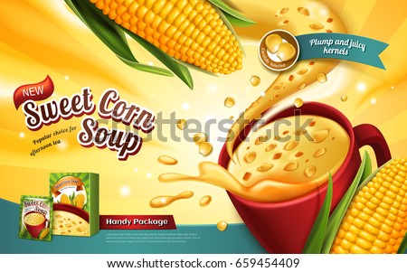 sweet corn soup ad, with special effect and corn elements, 3d illustration sweet corn soup ad, with special effect and corn elements, 3d illustration